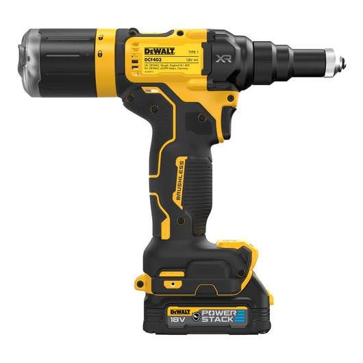 DEWALT DCF403E1GT 18V cordless PowerStack tool with brushless motor, yellow and black design.
