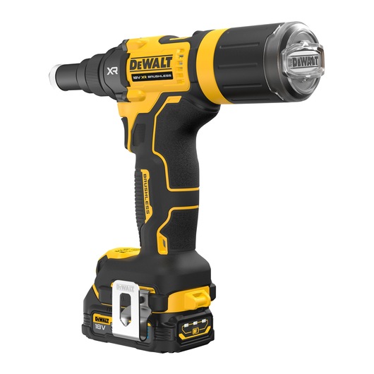 DEWALT 18V cordless tool with black and yellow design, brushless motor and battery base.