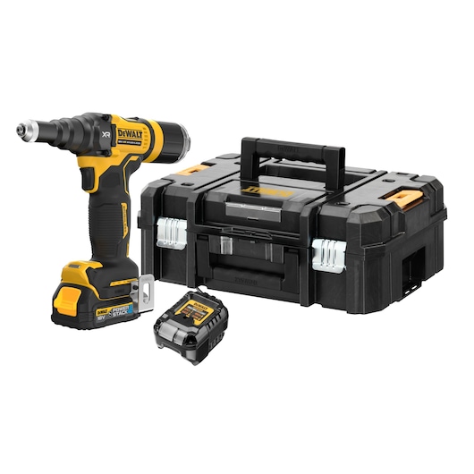 A DEWALT cordless power tool kit featuring a yellow and black drill driver, a battery, and a black hard plastic carrying case with a handle.