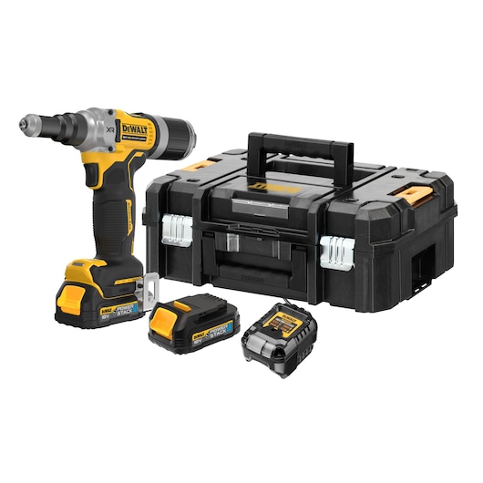 DEWALT cordless impact wrench kit DCF414E2GT with black and yellow impact wrench, two 18V Powerstack batteries, a battery charger, and a black DEWALT storage case.