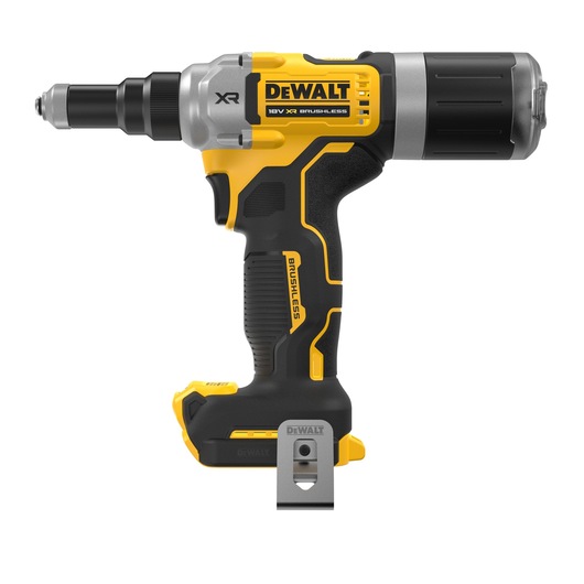 DEWALT DCF414NT 18V XR brushless screwdriver with yellow and black design, side belt clip visible.