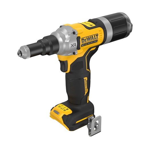 DEWALT DCF414NT cordless power tool, yellow and black, with metal clip, shown on a white background.