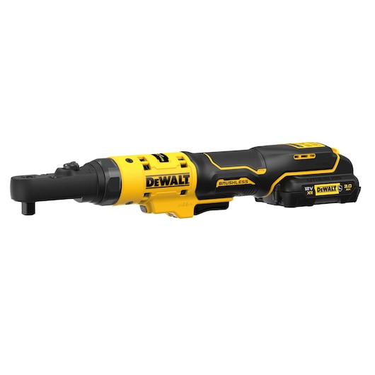 A DEWALT DCF500L2G 12V brushless cordless ratchet tool with a battery pack attached, shown in a yellow and black color scheme.