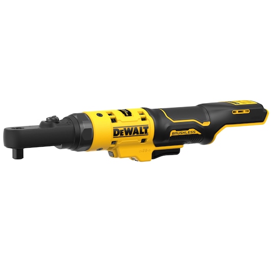 A DEWALT cordless brushless ratchet tool with a black and yellow design, shown against a white background.