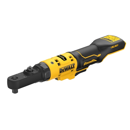 DEWALT cordless electric ratchet tool with a brushless motor, shown in black and yellow color.