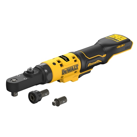 DEWALT brushless cordless ratchet tool with yellow and black design, accompanied by two metal socket adaptors, displayed on a white background.