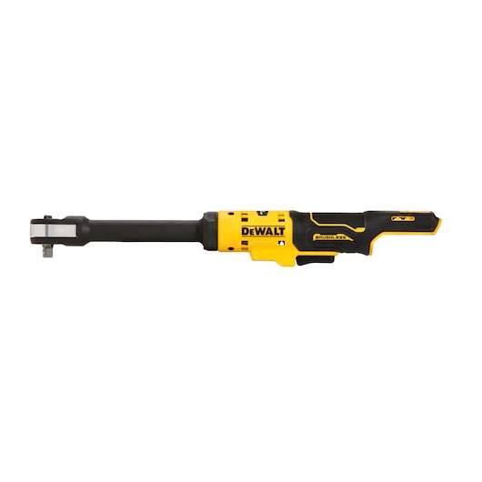 DEWALT cordless ratchet tool with a long handle and yellow and black design on a white background.