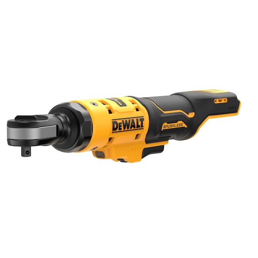 A DEWALT cordless brushless ratchet tool, model DCF503N, featuring a yellow and black design with the DEWALT logo, shown against a white background.