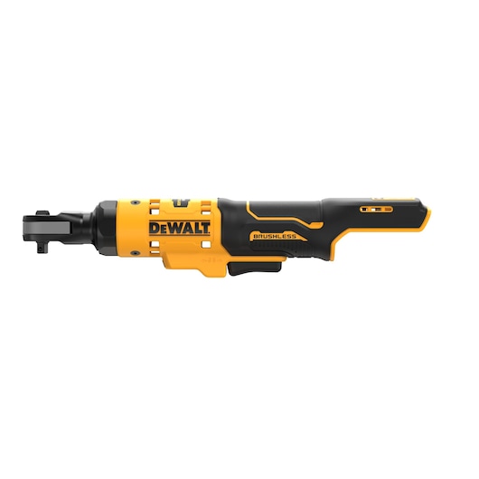 A DEWALT brushless cordless ratchet tool shown against a white background. The tool has yellow and black colors, with DEWALT branding and a compact design.