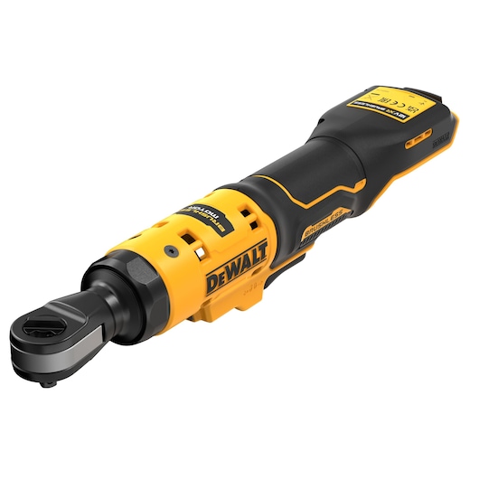 A DEWALT cordless brushless ratchet tool with a black and yellow body, shown against a white background.