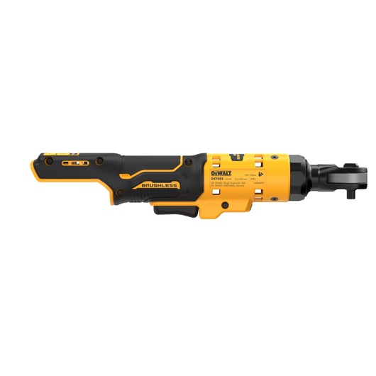 A DEWALT DCF503N cordless brushless ratchet tool with a yellow and black design, shown in profile view on a white background.