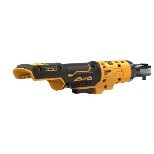 A DEWALT DCF503N cordless brushless ratchet tool in yellow and black, shown on a white background.