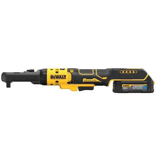 Side view of a DEWALT 18V cordless brushless ratchet tool with a POWERSTACK battery attached, featuring a yellow and black design.