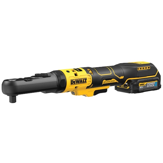 A DEWALT 18V cordless brushless ratchet tool with a POWERSTACK battery, shown in yellow and black colors.