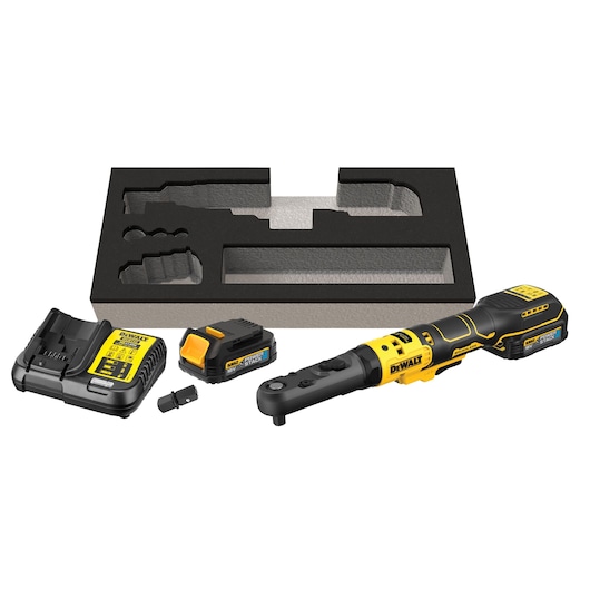 DEWALT cordless ratchet kit with ratchet tool, batteries, charger, power adapter, and protective foam insert, all displayed on a white background.