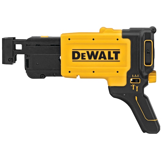 DEWALT DCF6202 drywall screw gun attachment, shown in a side profile with yellow and black casing, designed for use with compatible DEWALT power tools.