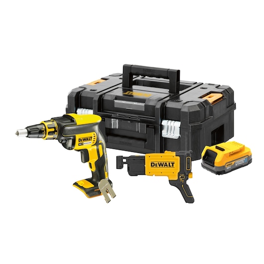 A DEWALT cordless drywall screwdriver set, including a yellow and black power screwdriver, an attachment, a battery pack, and a black and yellow carrying case.