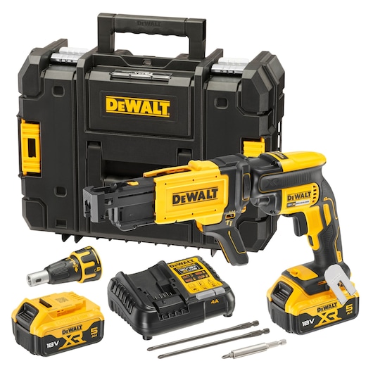 DEWALT DCF620P2K-QW, DCF620P2K kit: cordless screwdriver, batteries, charger, case, accessories shown.