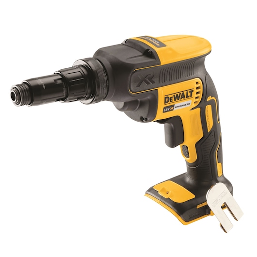 A DEWALT cordless brushless screwdriver, model DCF894NT, in yellow and black, shown without a battery, featuring a metal belt clip.