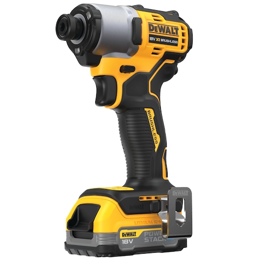 DEWALT 18V cordless brushless impact driver in yellow and black with Powerstack lithium-ion battery.