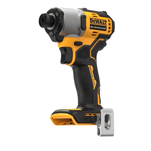 A DEWALT 18V XR Brushless cordless impact driver with a black and yellow body, shown standing upright against a white background. The tool features a metal clip for belt attachment.