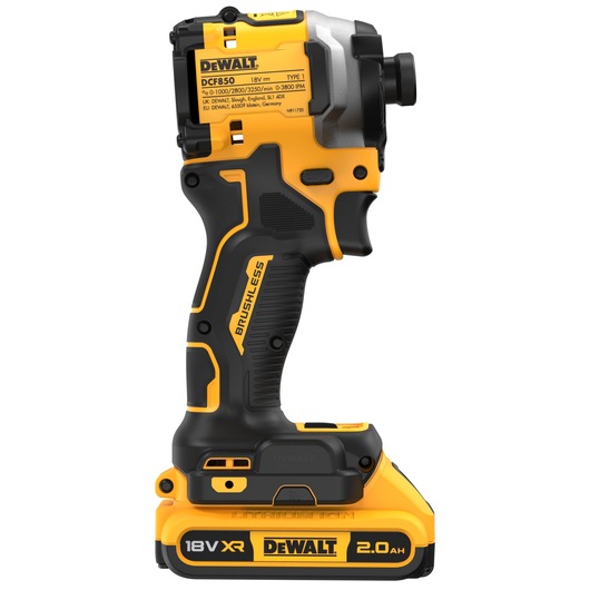 Side view of a DEWALT DCF850D2T brushless cordless impact driver with an 18V XR 2.0Ah battery attached. The tool is primarily yellow and black with branding and specifications visible on the side.