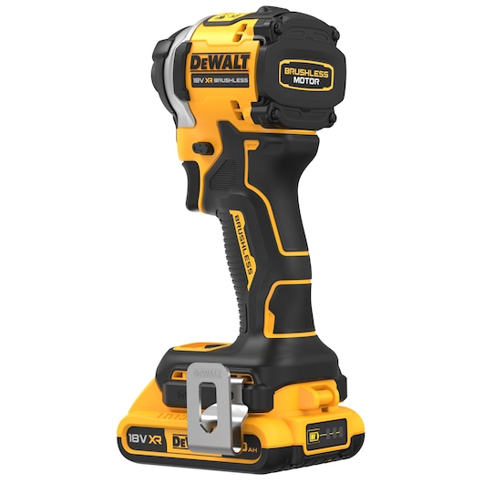 A DEWALT 18V XR brushless cordless impact driver with black and yellow design, featuring a brushless motor and a metal belt clip attached to the base.