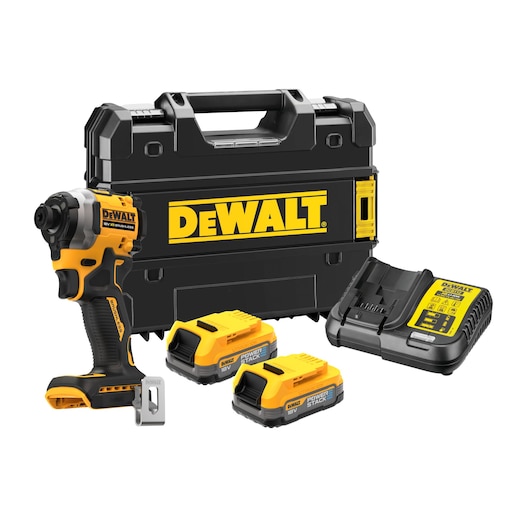 DEWALT cordless impact driver kit with case, two batteries, and charger displayed on white background.
