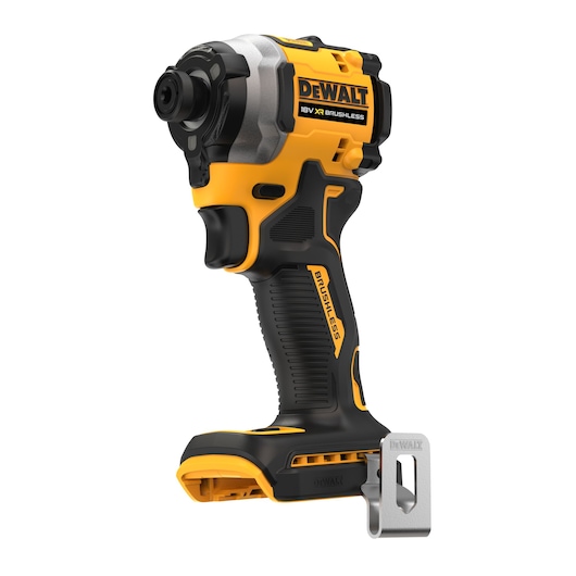 A DEWALT 18V XR brushless impact driver, shown without a battery, featuring a yellow and black design with a metal belt clip attached to the base.