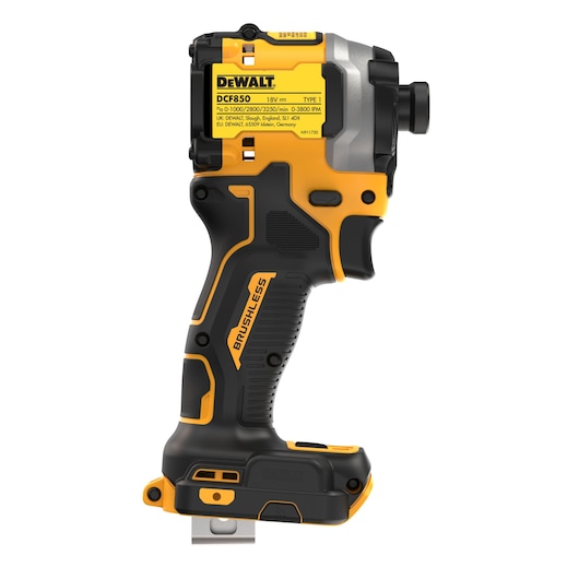 A DEWALT DCF850 18V brushless impact driver is shown upright against a white background. The tool has a black and yellow ergonomic body, and features a metal clip on the bottom. The model and voltage information are visible on a label near the top.