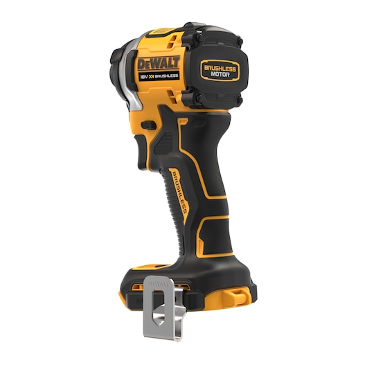 DEWALT DCF850NT 18V XR Brushless Impact Driver shown in profile, featuring a compact, ergonomically designed handle with yellow and black colors and a metal belt clip attached at the base.