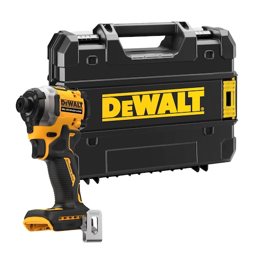 A DEWALT cordless impact driver with a black and yellow design is displayed in front of a hard plastic carrying case with a DEWALT logo.