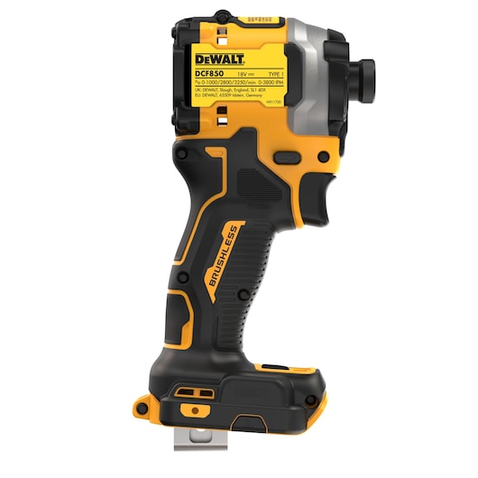 DEWALT tool for photography, SKUs DCF850N, DCZ2050P2T-XE, DCZ401P3-XE, yellow and black design.