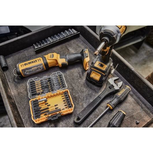 DEWALT tools and bits set with SKUs DCF850N, DCZ2050P2T-XE, DCZ401P3-XE on a workshop tray.
