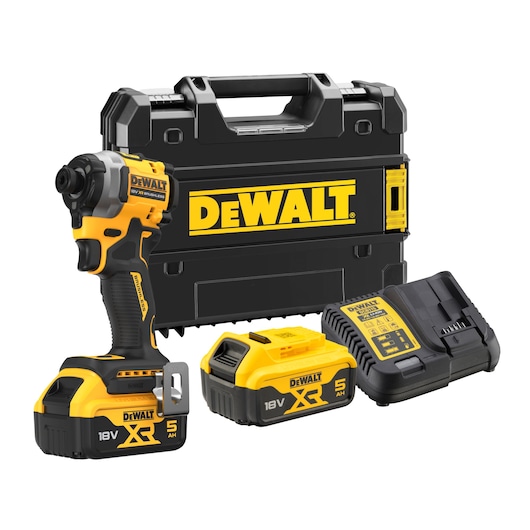 DEWALT 18V XR impact driver kit including a cordless impact driver, two 5Ah batteries, a battery charger, and a black and yellow carrying case with DEWALT branding.