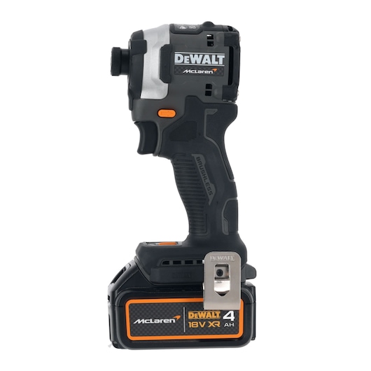 DEWALT McLaren cordless 18V XR brushless impact driver with a black and silver body, orange accents, and a 4Ah battery attached at the base.