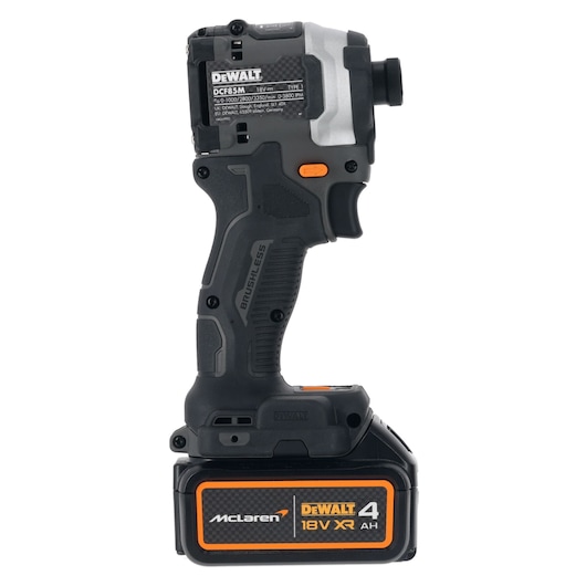 DEWALT DCF85MM1T cordless impact driver featuring a black and grey body with orange accents, powered by an 18V XR 4.0Ah lithium-ion battery branded with McLaren.