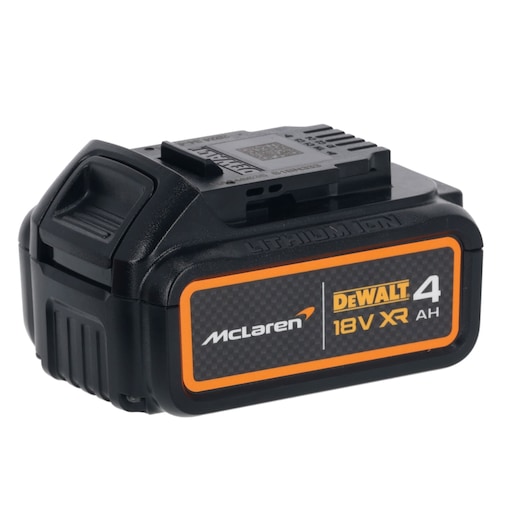 A DEWALT 18V XR 4Ah lithium-ion battery with a McLaren branding, shown on a white background.