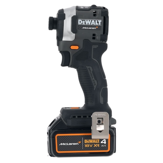 DEWALT McLaren 18V XR cordless impact driver with a black and silver design, orange accents, and a 4Ah battery pack attached at the base.