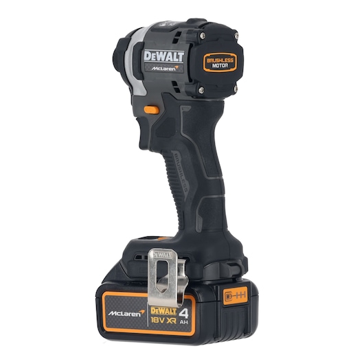 A DEWALT cordless power tool with an 18V XR battery and brushless motor, featuring McLaren branding. The tool is designed in black with orange accents and silver detailing.