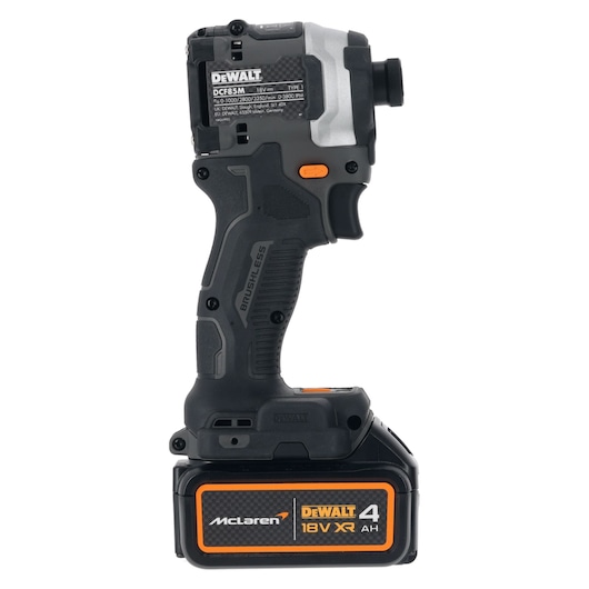 A DEWALT cordless impact driver with an 18V XR battery, model DCF85MM2T. The tool features a brushless motor and has prominent branding on the battery, including McLaren and DEWALT logos.