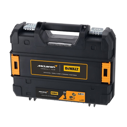 A black DEWALT branded hard carrying case with orange latches and handle. The case features McLaren Formula 1 Team and DEWALT logos, and is designed for storing tools and photography equipment.