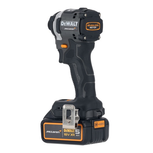 A DEWALT brushless motor cordless power tool with a black and orange color scheme, featuring an 18V XR battery and a metal belt clip. The tool displays 'McLaren' branding and is positioned upright against a white background.