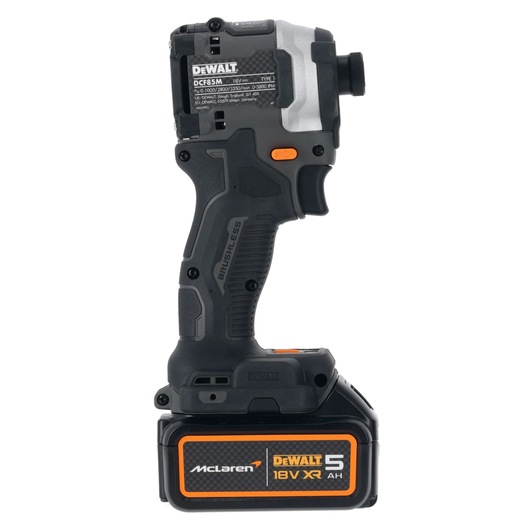 A DEWALT cordless impact driver featuring a McLaren design, 18V XR technology, and a 5Ah battery, shown standing upright with visible labeling and buttons.