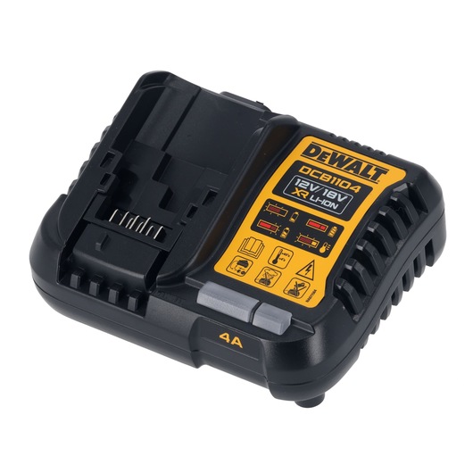 DEWALT DCB1104 12V/18V XR Li-Ion battery charger with black and yellow design, showing indicator lights and function symbols.