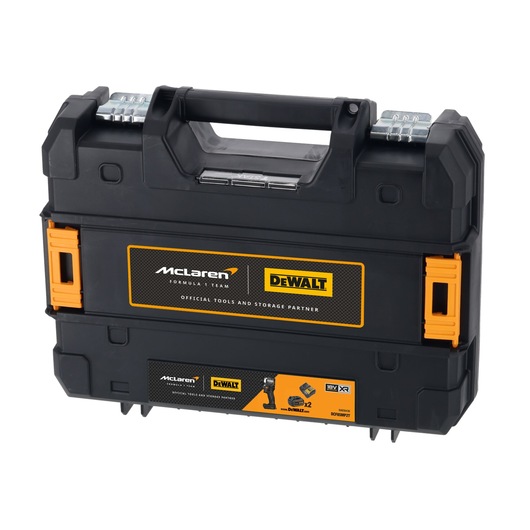 A DEWALT branded black plastic tool case with orange latches and a large handle on top. The case features the McLaren Formula 1 Team and DEWALT partnership branding on a label, indicating it's an official tools and storage partner product.