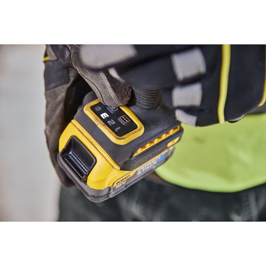 DEWALT tool with glove, SKUs DCZ507T2-XE, DCZ407P1T1-XE, DCZ607X2-XE, DCZ503X2-XE, DCF860N, close-up view.
