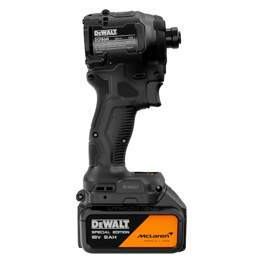 DEWALT 18V Special Edition tool, DCF86MP2T-QW and DCF86MP2T, photographed standing upright with McLaren branding.