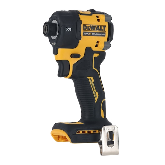 A DEWALT 18V XR brushless cordless impact driver, shown in yellow and black, with a metal belt clip attached at the base.