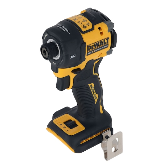 A DEWALT DCF870N cordless brushless impact driver, featuring a yellow and black body with a metal belt clip attached. The tool has an ergonomic grip and visible labeling for 18V XR power.